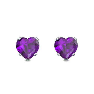 Heart Stud Earrings Simulated Amethyst CZ 925 Sterling Silver (4mm-8mm)